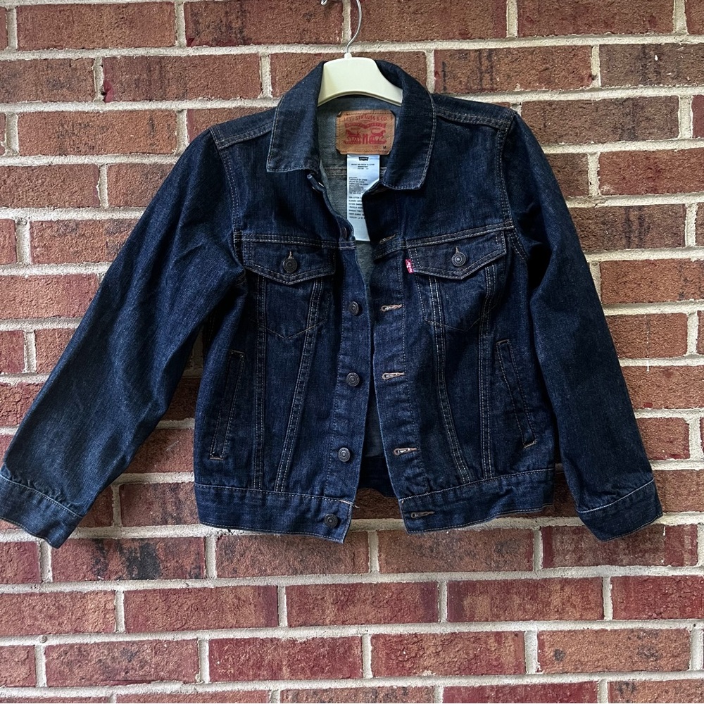 Levi’s Kid's M 10/12 Unisex Button Up Denim Jacket Blue Dark Wash Pockets NWOT